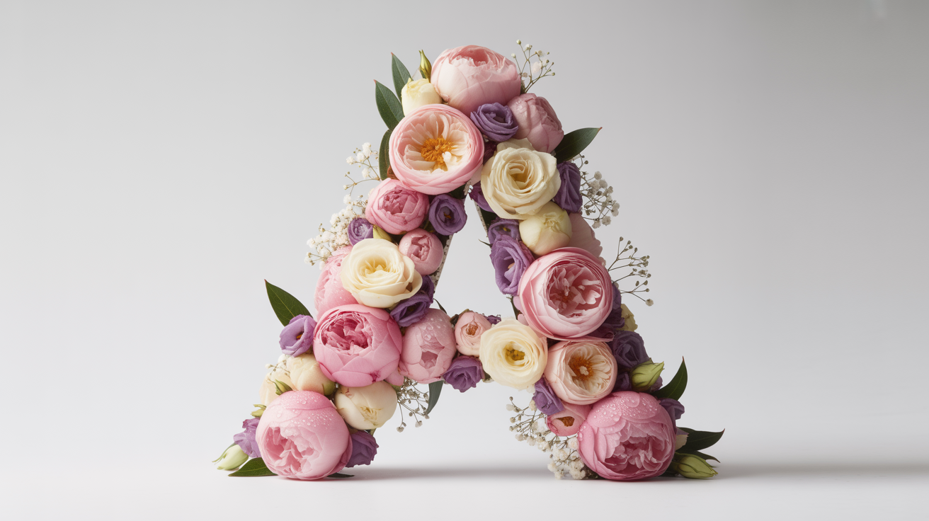 A photorealistic image of the capital letter A, beautifully crafted from an assortment of pink, white, and purple flowers and green leaves, set against a clean white background.