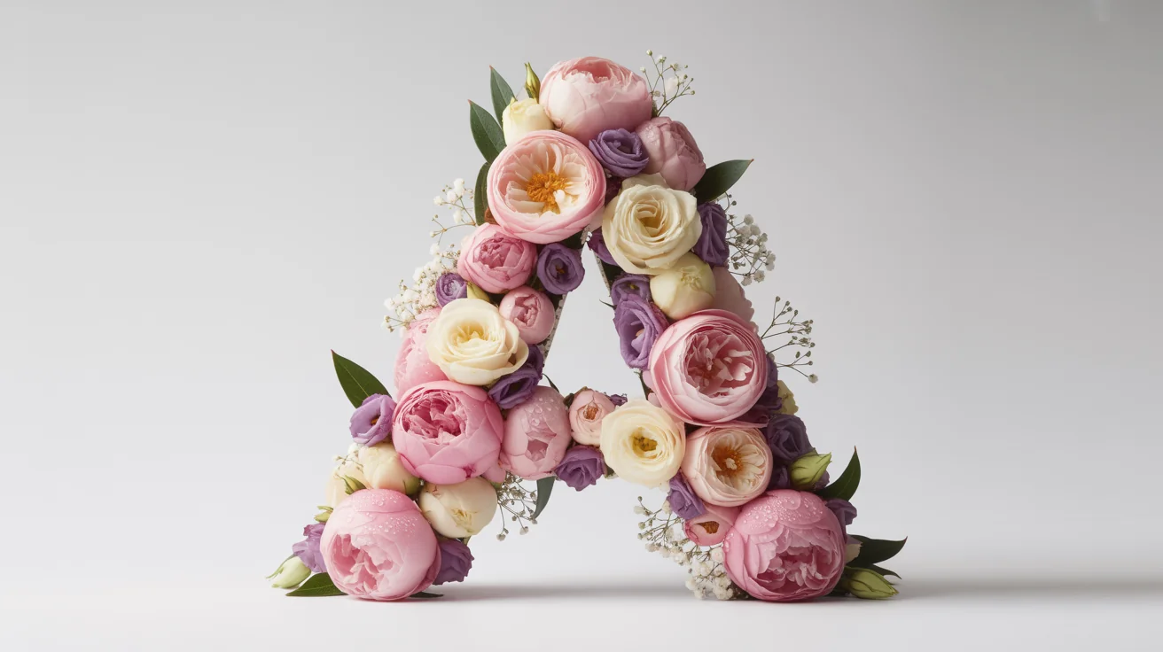 A photorealistic image of the capital letter A, beautifully crafted from an assortment of pink, white, and purple flowers and green leaves, set against a clean white background.