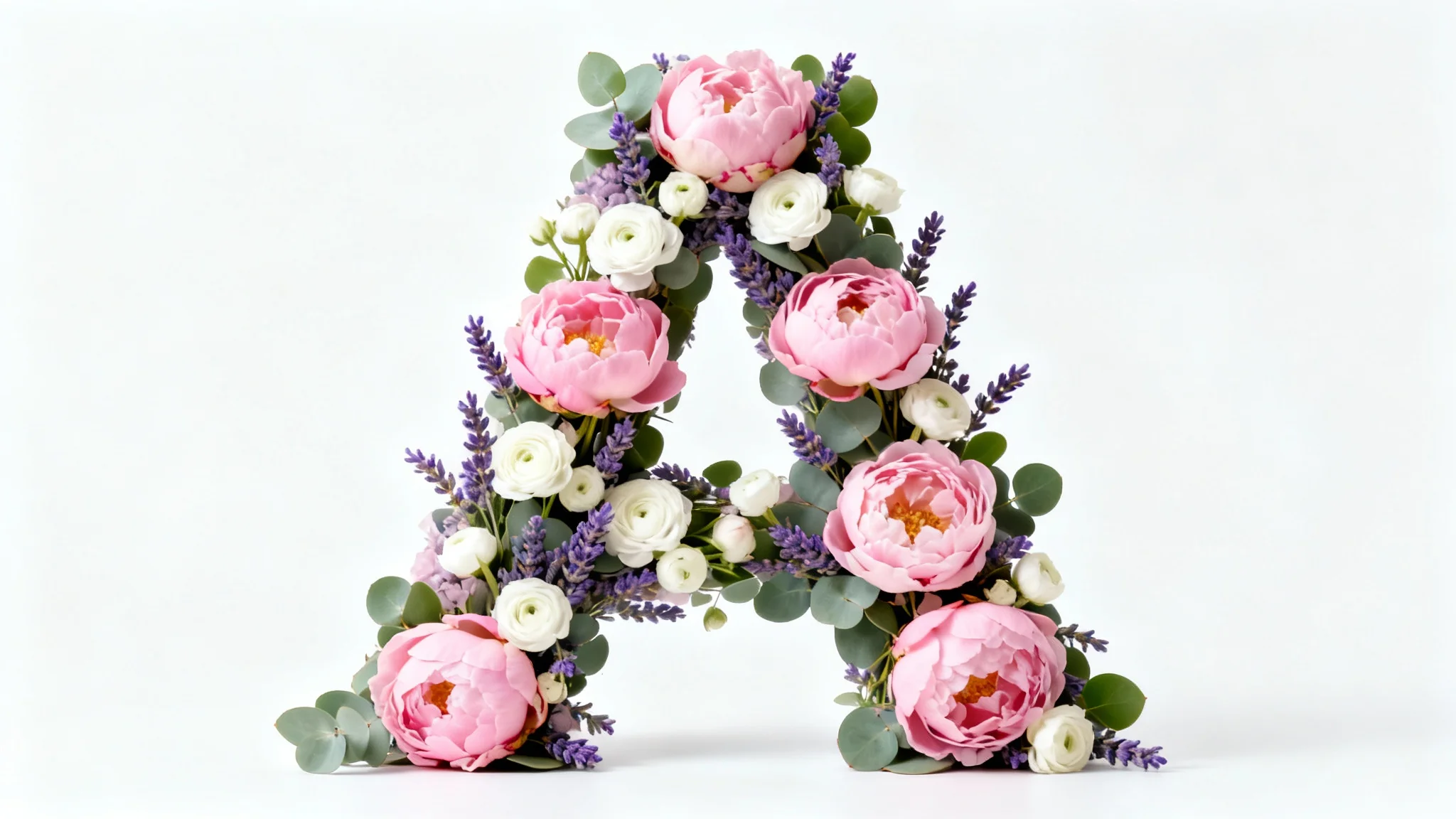 A hyper-realistic image of the letter 'A' created entirely from an arrangement of pink, white, and purple flowers with green leaves, presented on a clean white background.