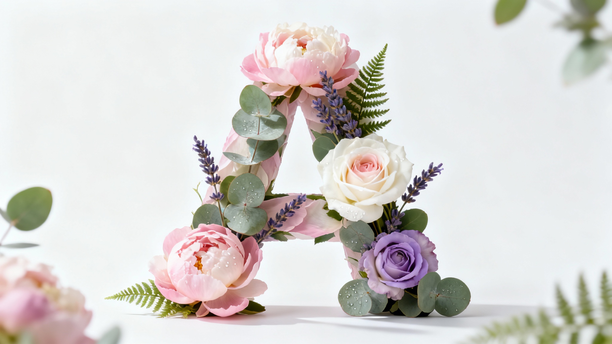 A beautiful, photorealistic letter 'A' created entirely from an arrangement of pink peonies, white roses, and green leaves, symbolizing a floral alphabet, on a pure white background.