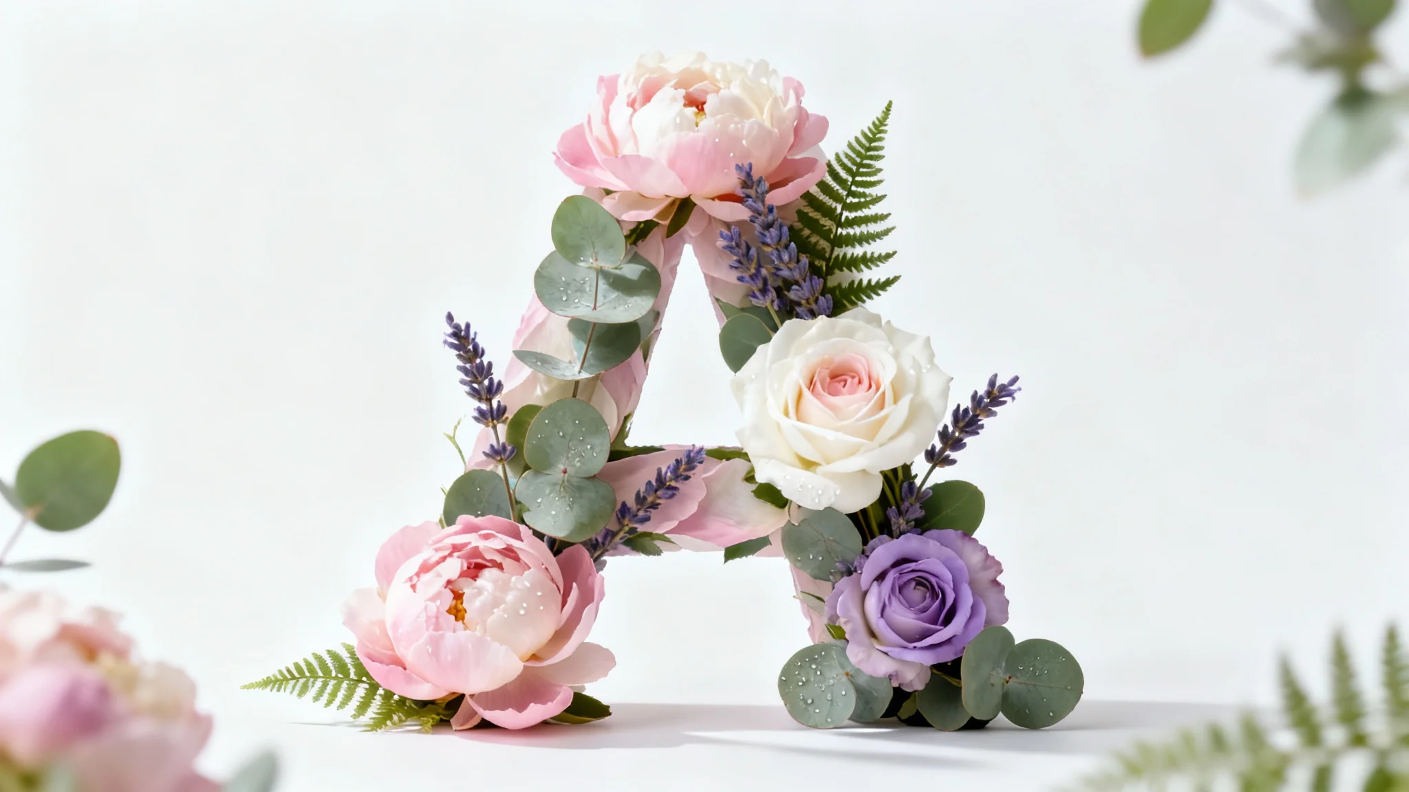 A beautiful, photorealistic letter 'A' created entirely from an arrangement of pink peonies, white roses, and green leaves, symbolizing a floral alphabet, on a pure white background.