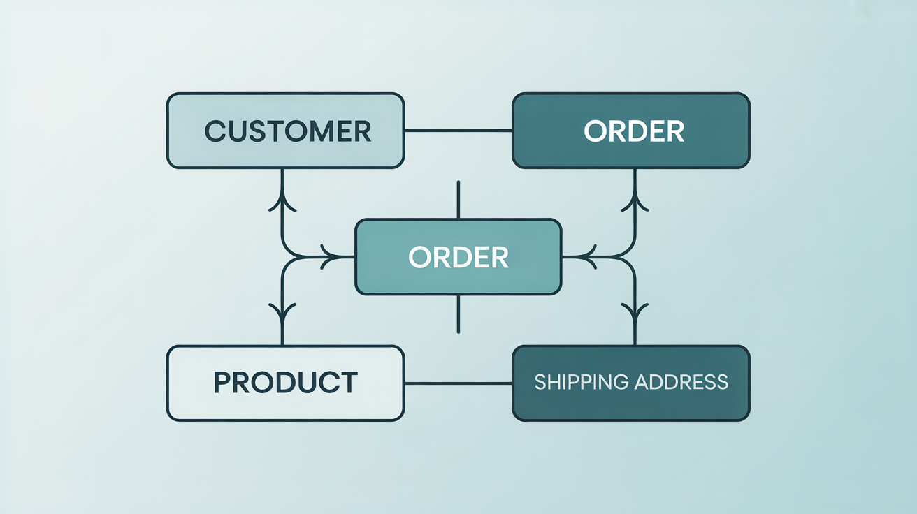 A professionally designed entity-relationship diagram illustrating the connections between database entities like 'Customer', 'Order', and 'Product' on a clean white background.