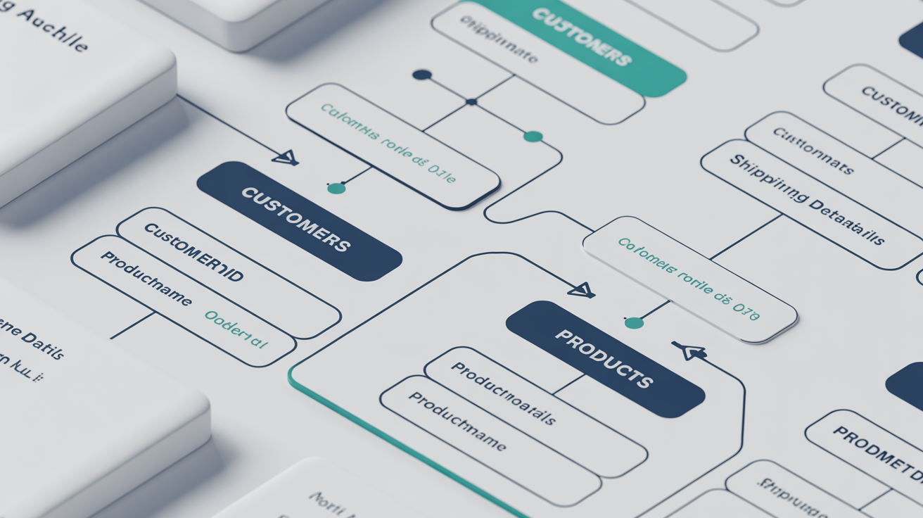 A mockup of a clean, modern entity relationship diagram showing the relationships between entities like 'Customers', 'Orders', and 'Products' on a white background.