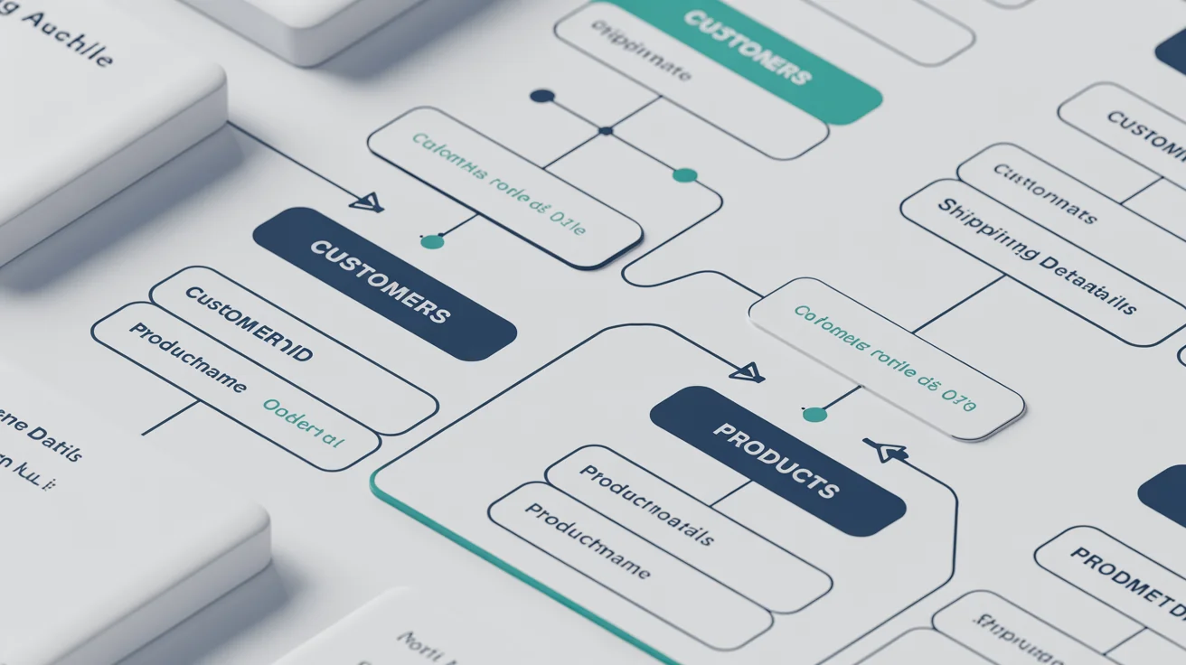 A mockup of a clean, modern entity relationship diagram showing the relationships between entities like 'Customers', 'Orders', and 'Products' on a white background.