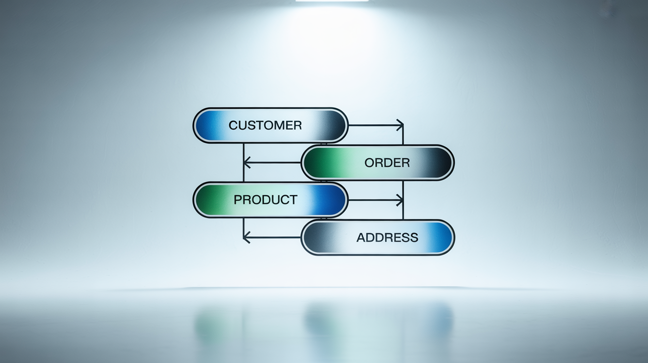 A modern, professional entity relationship diagram mockup showing connections between 'Customer', 'Order', 'Product', and 'Address' entities, presented on a clean white background.