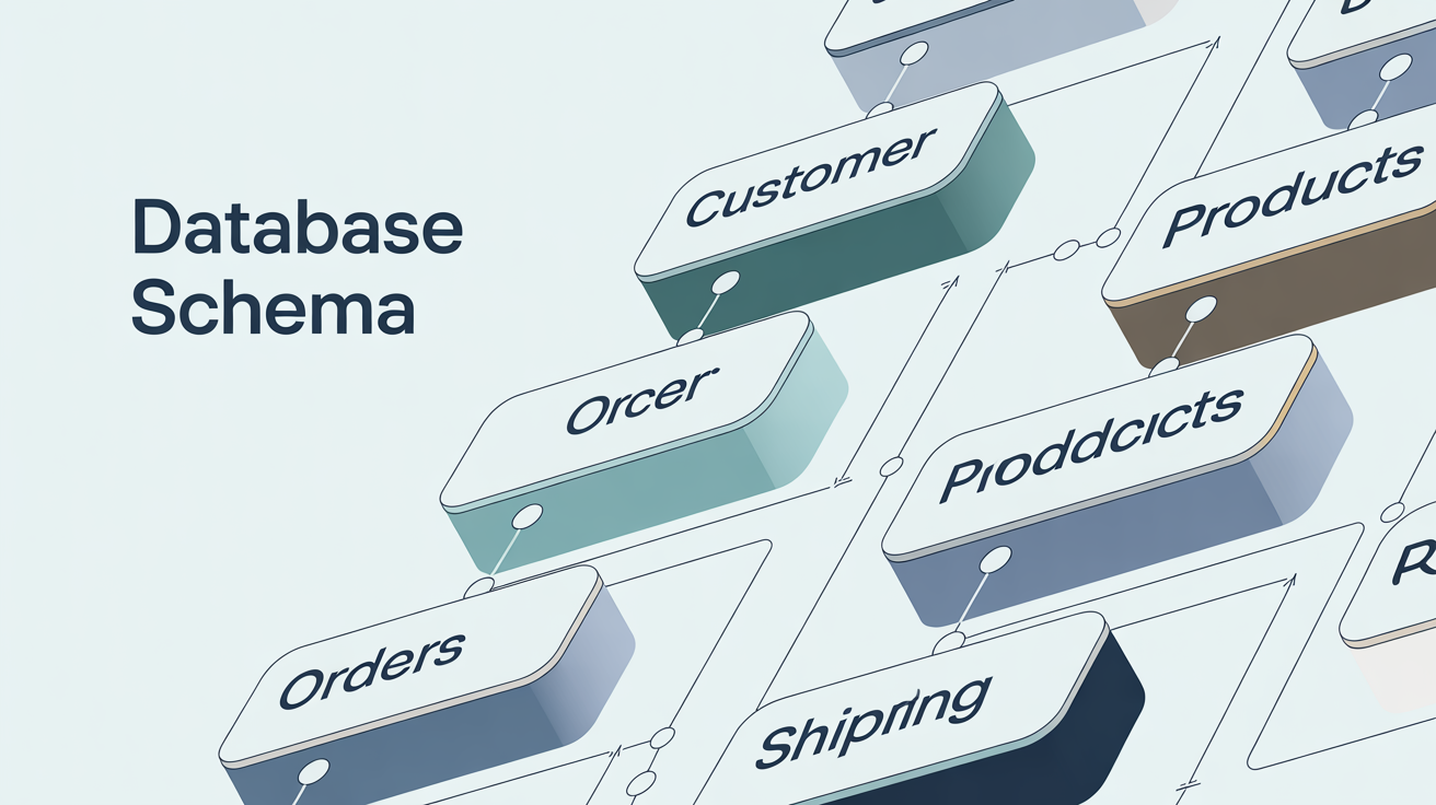 A professionally designed entity relationship diagram with nodes for 'Customer', 'Orders', and 'Products' connected by lines, symbolizing database structure and relationships, set against a white background.