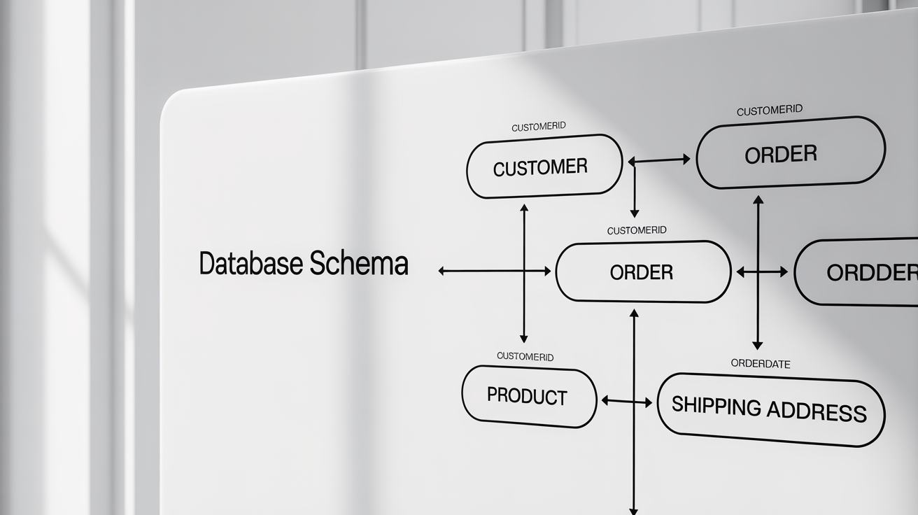 A clean and modern entity relationship diagram showing entities like Customer, Order, and Product, connected by lines to represent their relationships in a database structure.