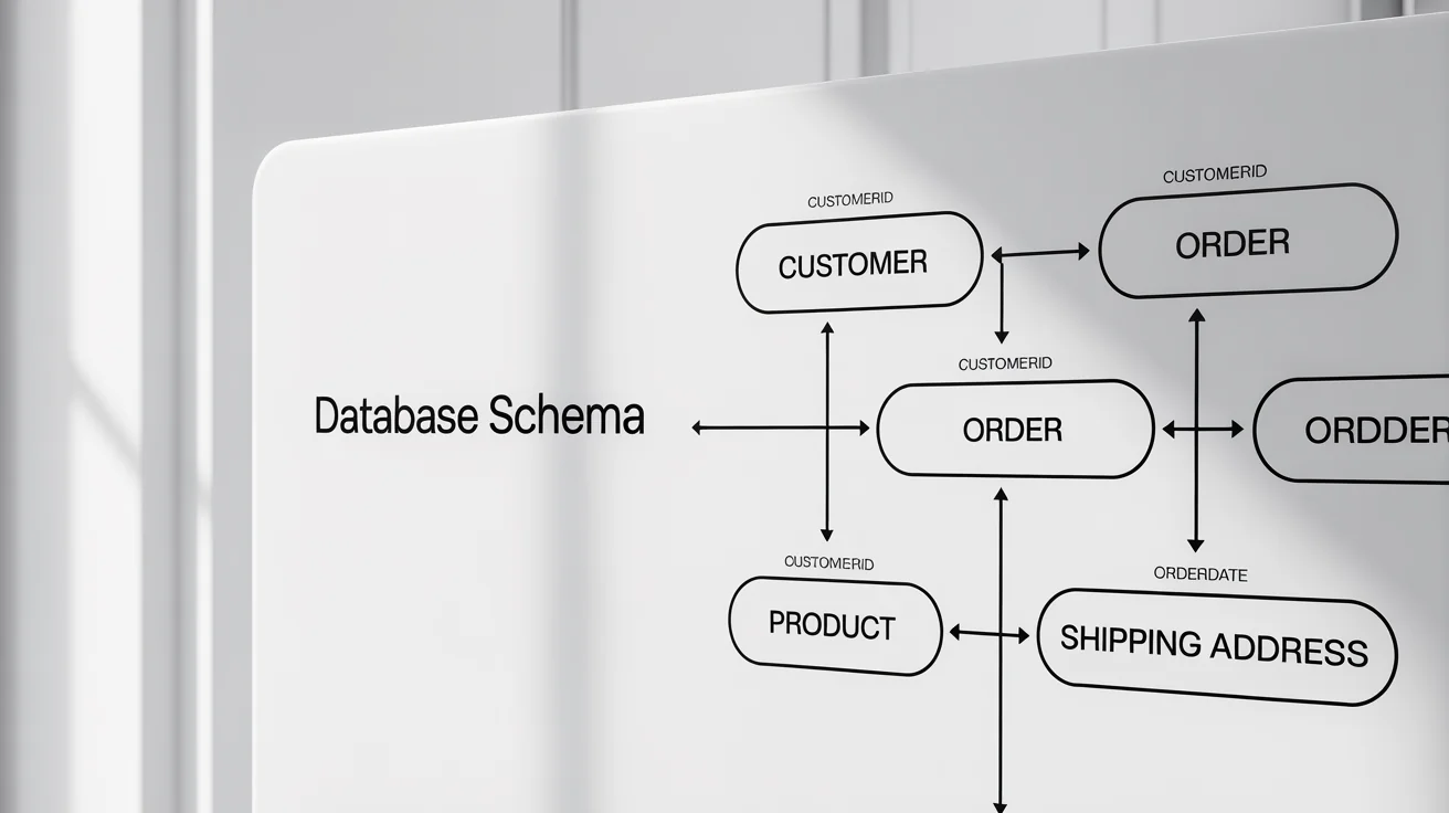 A clean and modern entity relationship diagram showing entities like Customer, Order, and Product, connected by lines to represent their relationships in a database structure.
