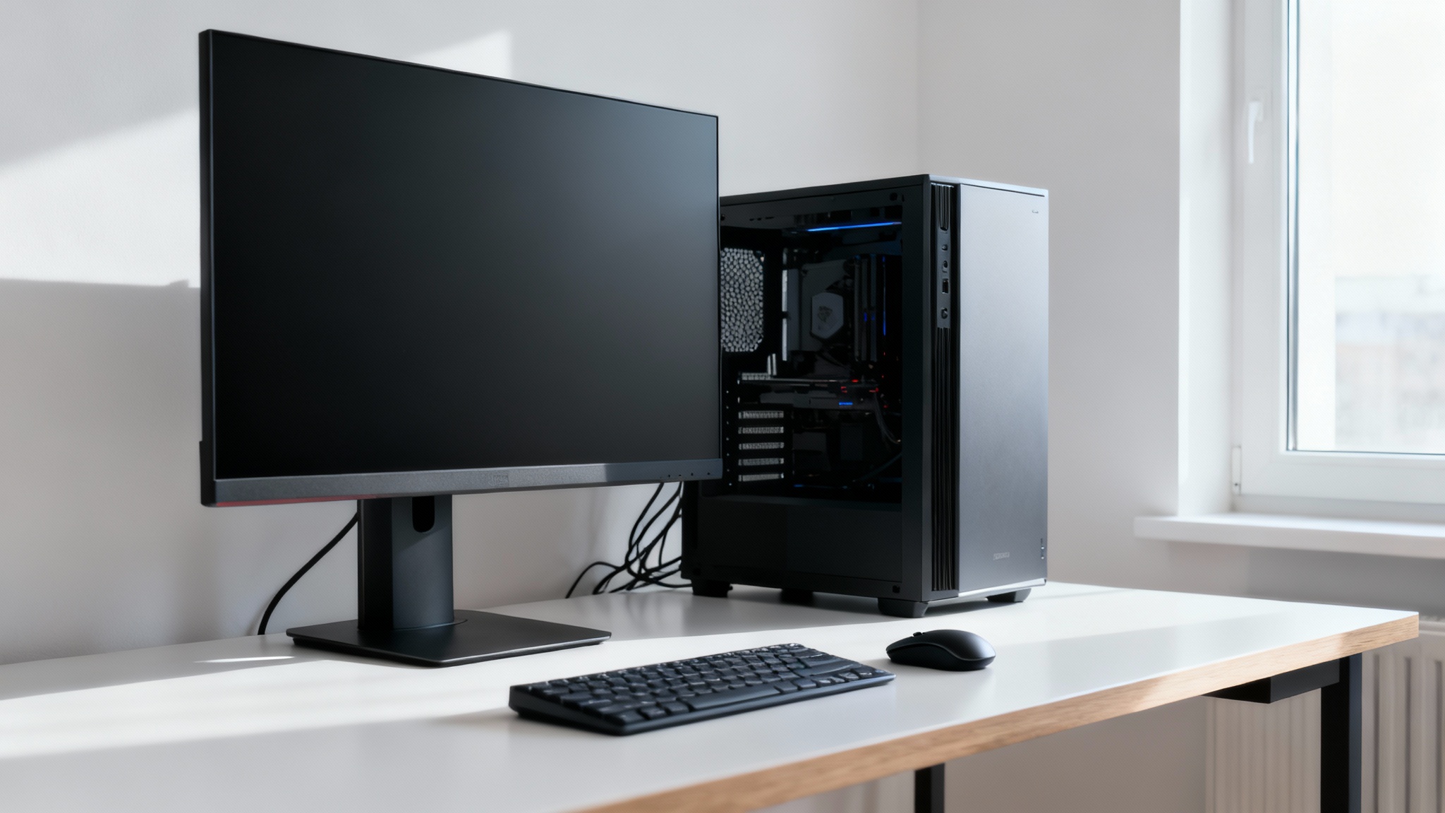 A perfectly clean and modern computer desk setup with a PC and monitor, demonstrating the final result of hiding all cables for a tidy workspace.