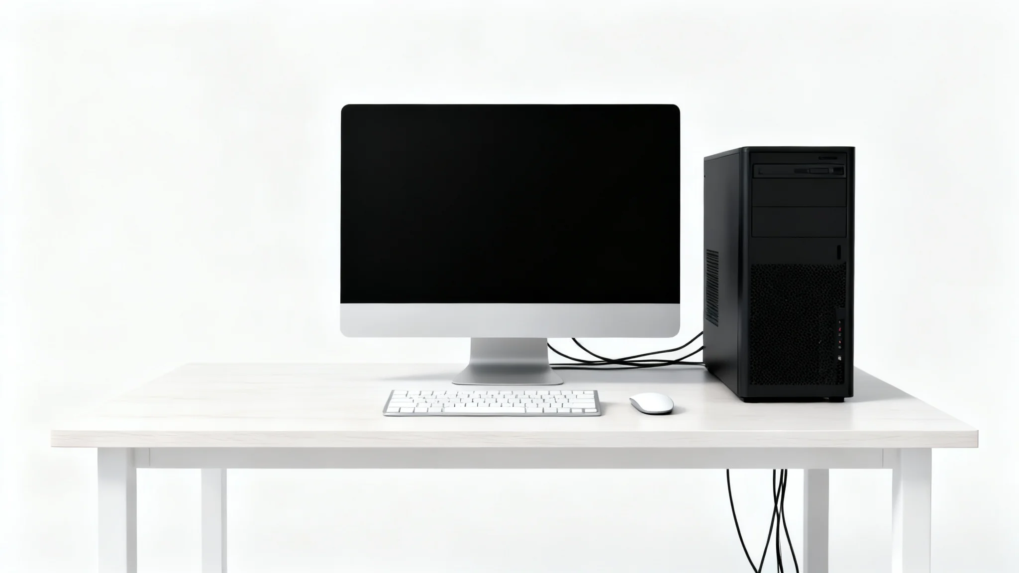 A hyper-realistic image of a modern computer desk setup with a monitor, PC, keyboard, and mouse, where all cables are perfectly hidden, showcasing an extremely clean and organized workspace against a white background.