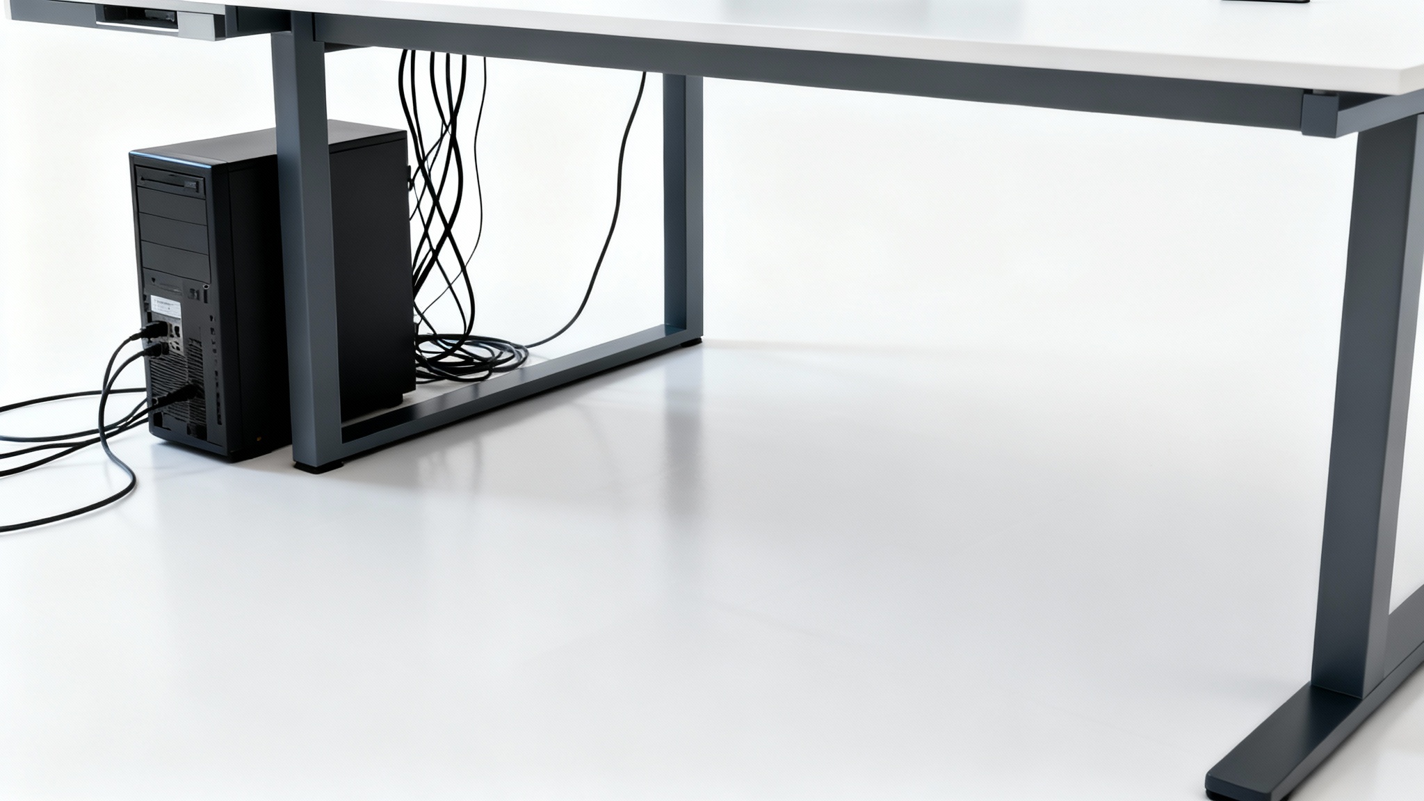 An image showcasing a perfectly organized computer desk from below, with all cables and wires completely hidden, resulting in a clean and clutter-free workspace against a white background.