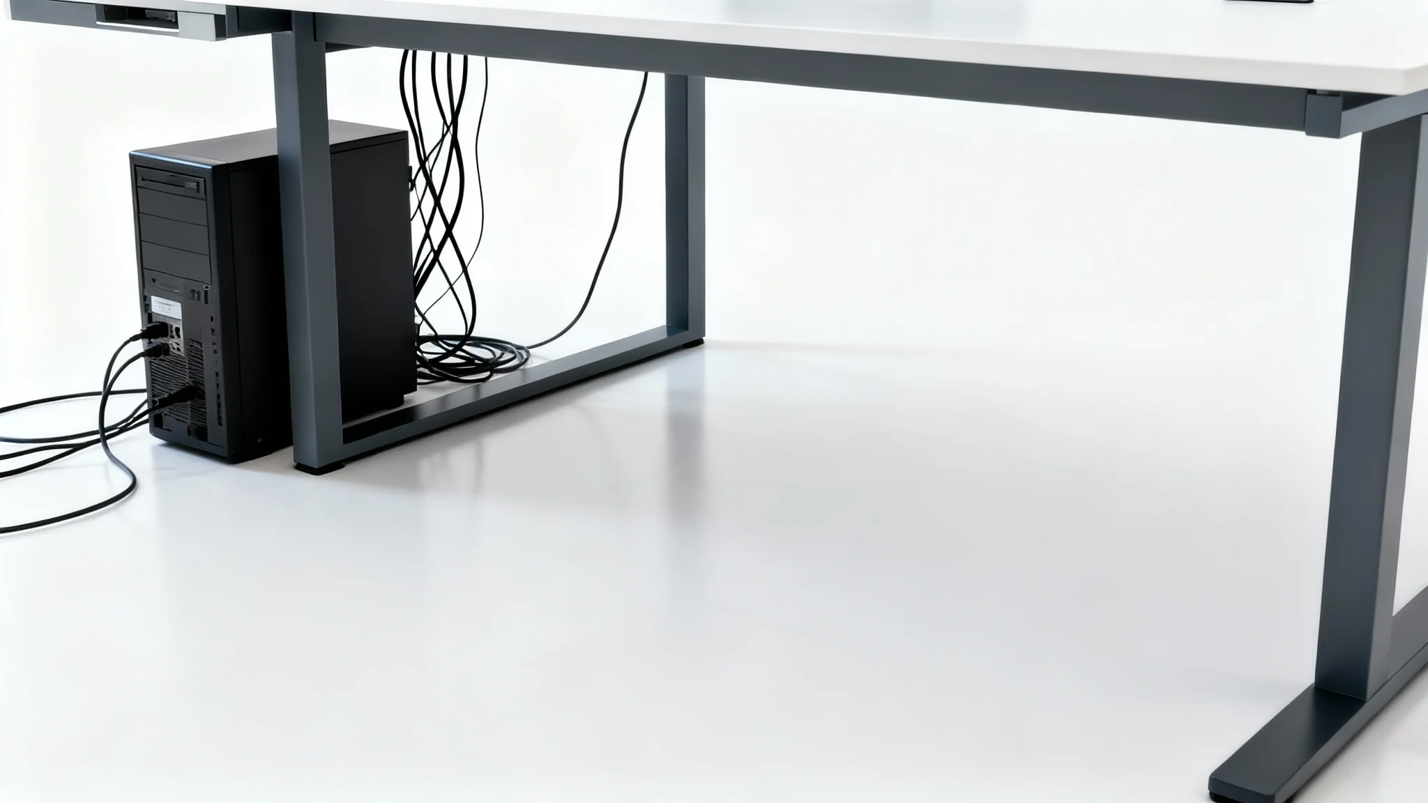 An image showcasing a perfectly organized computer desk from below, with all cables and wires completely hidden, resulting in a clean and clutter-free workspace against a white background.