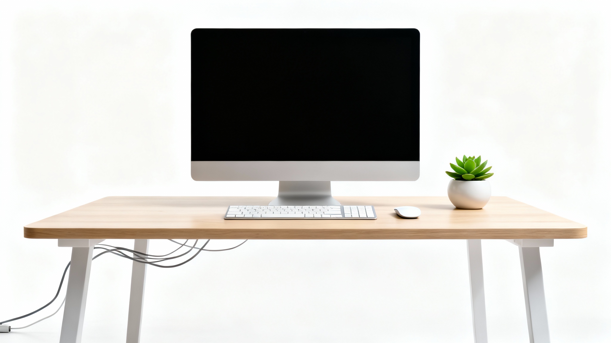A perfectly organized and modern computer desk with no visible cables, showcasing the benefit of hiding PC cables for a clean and minimalist workspace.
