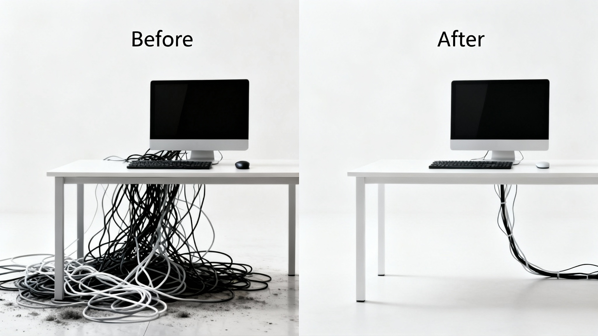 A before-and-after image showing a computer desk. The 'before' side is messy with tangled cables, and the 'after' side is clean and tidy with all cables hidden.