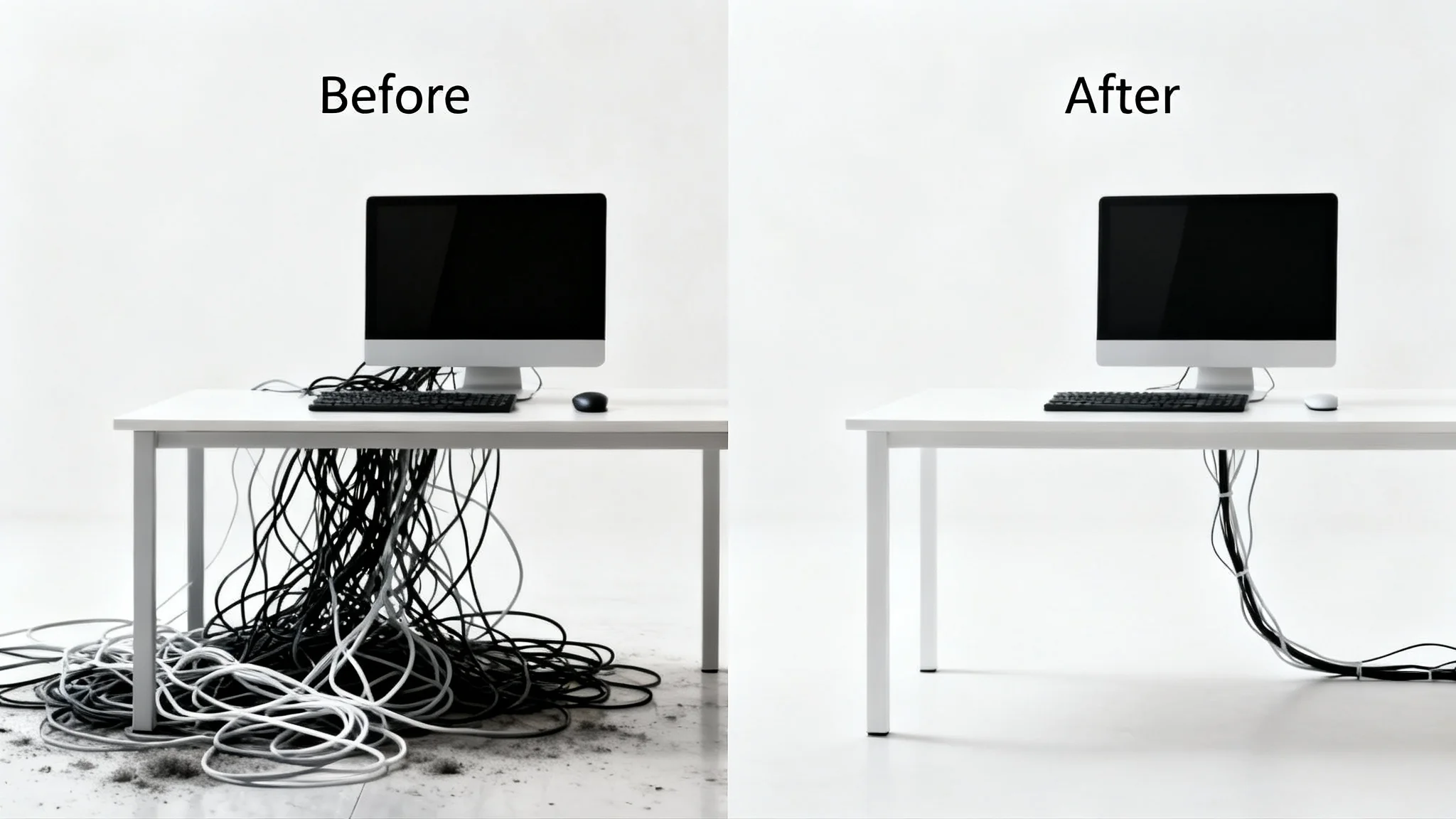 A before-and-after image showing a computer desk. The 'before' side is messy with tangled cables, and the 'after' side is clean and tidy with all cables hidden.
