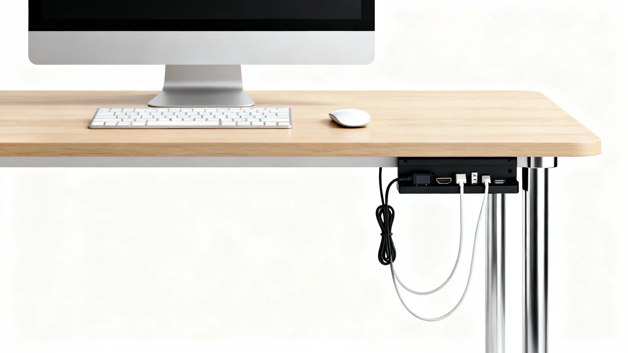 A minimalist desk setup viewed from the front, showing a clean desktop with a monitor and wireless peripherals, and the area underneath the desk where all PC cables are perfectly hidden and organized.