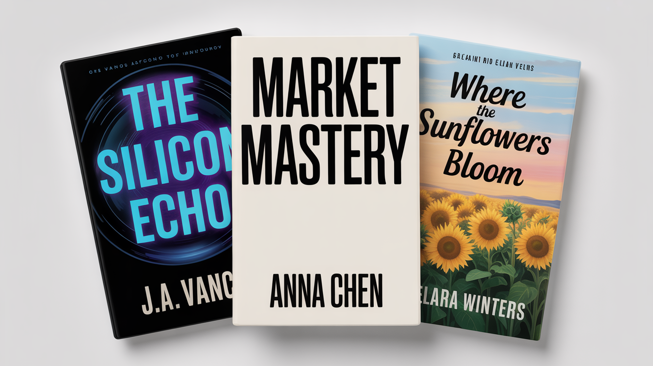 A collection of three professionally designed ebook covers for different genres—sci-fi, business, and romance—arranged standing on a white background.