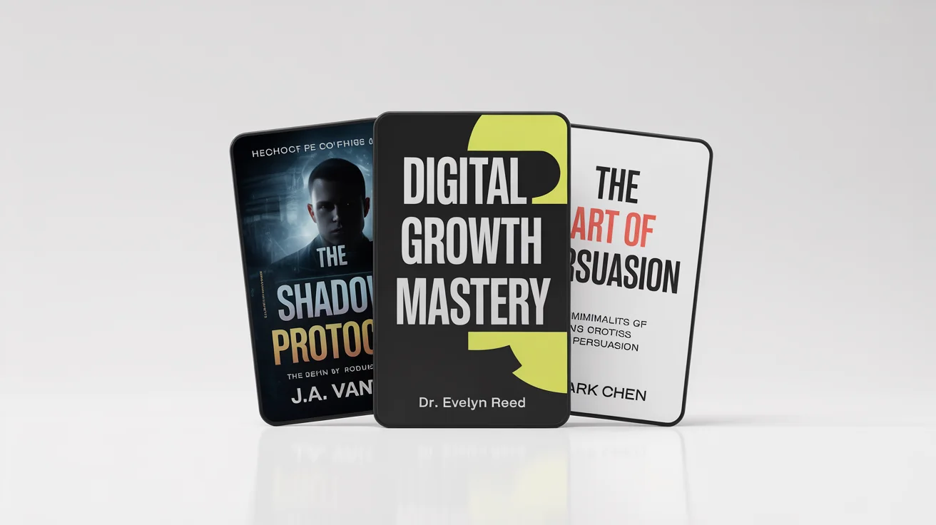 A mockup of three different eBook covers displayed side-by-side on a white background, demonstrating a variety of genres: a thriller novel, a digital marketing course, and a business strategy book.