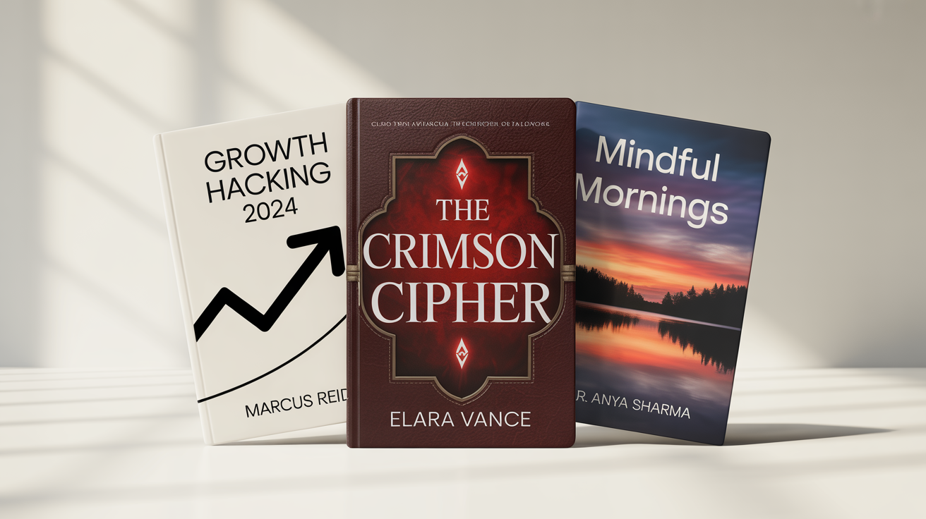 Three professionally designed ebook cover mockups displayed on a white background: a fantasy novel, a modern business book, and a serene wellness guide, showcasing versatility in design.