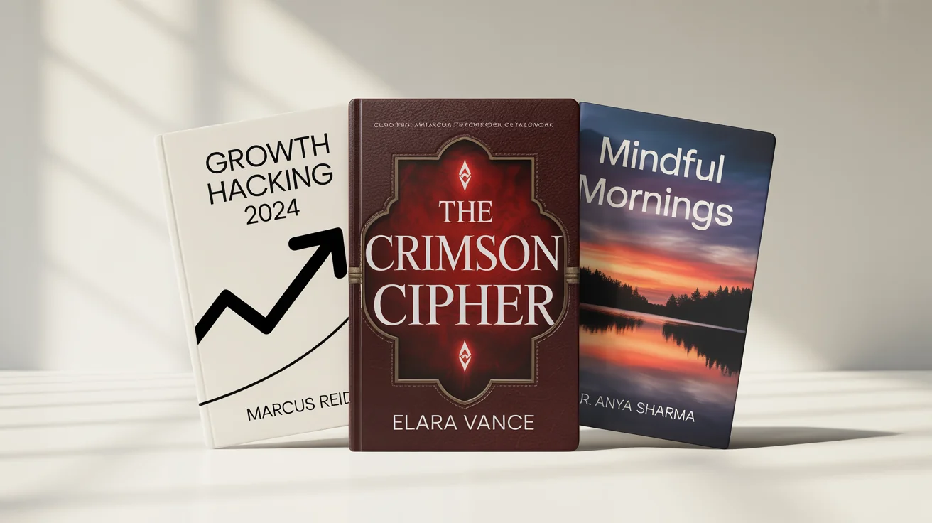 Three professionally designed ebook cover mockups displayed on a white background: a fantasy novel, a modern business book, and a serene wellness guide, showcasing versatility in design.