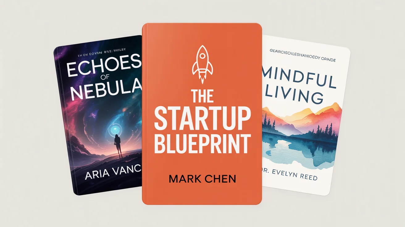 A collection of three professionally designed eBook cover mockups against a white background. The covers are for a fantasy novel, a business book, and a self-help guide, showcasing a variety of design styles.