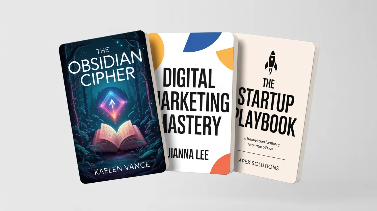Three professionally designed eBook cover mockups displayed against a white background, representing genres like fantasy, business, and marketing to showcase custom cover creation.