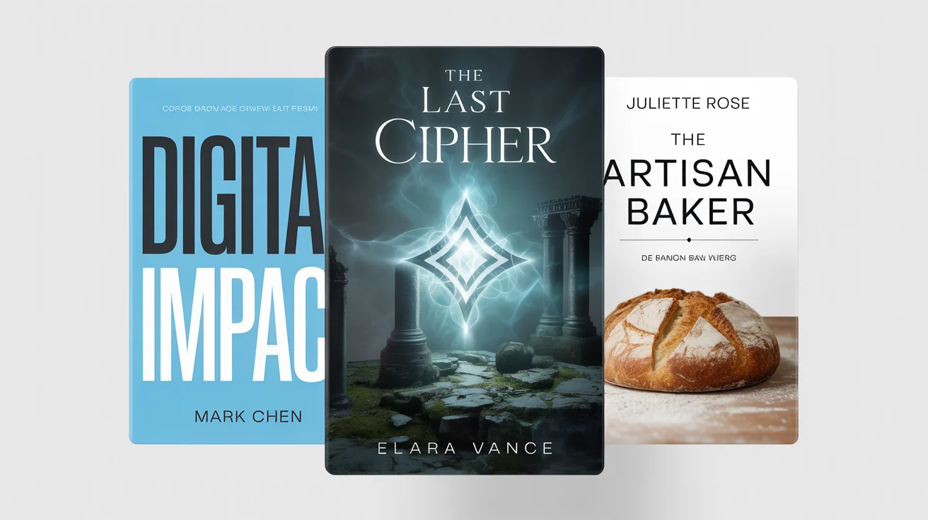 A showcase of three professionally designed ebook covers: a fantasy novel, a modern business guide, and a rustic cookbook, all displayed against a clean white background to represent custom ebook cover creation.