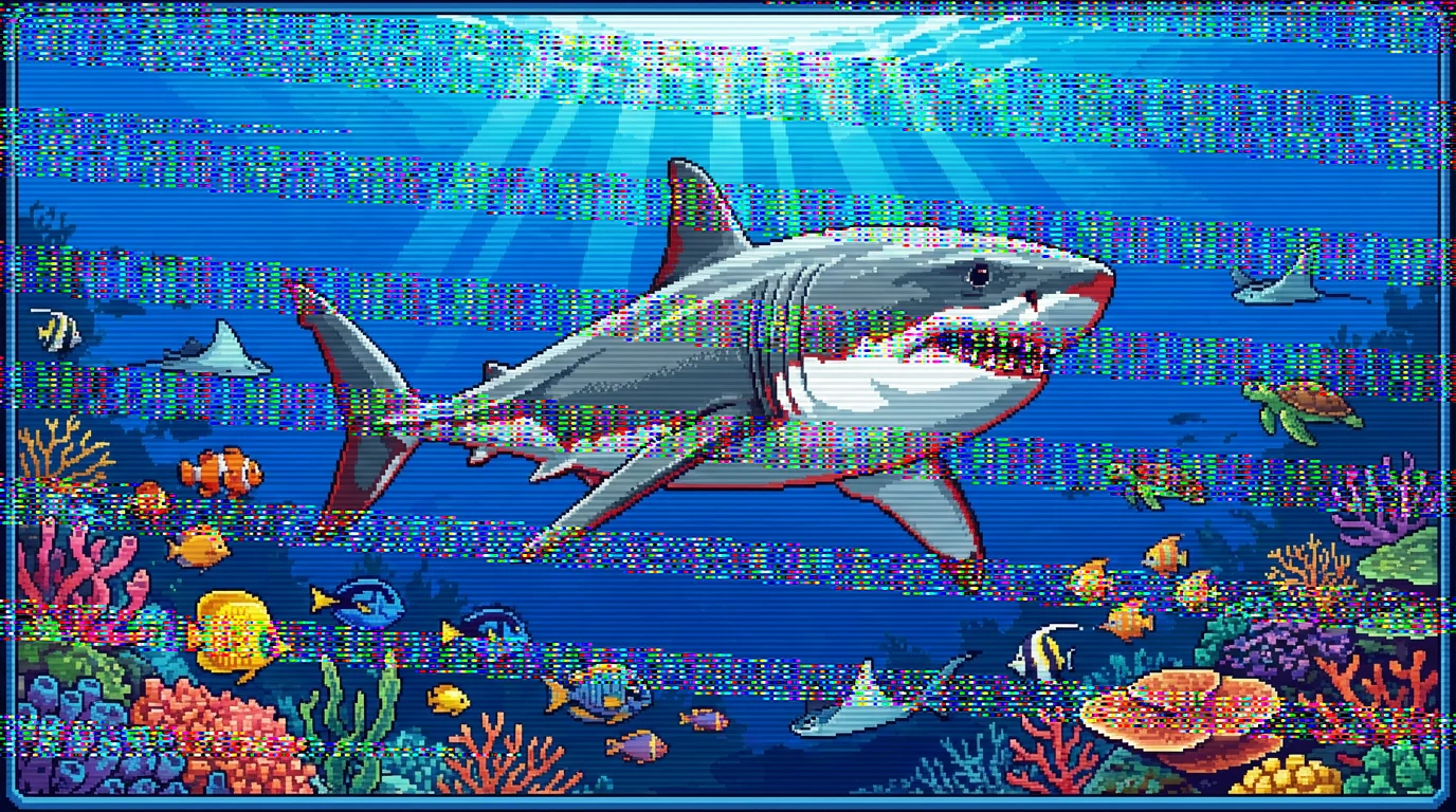 A high-quality, final-result pixel art image of a great white shark in the ocean. The detailed 16:9 artwork shows the shark swimming over a vibrant coral reef as sunlight filters through the blue water.