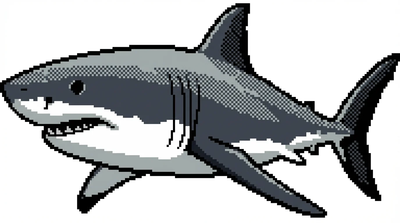 A pixel art illustration of a great white shark swimming, created in a 16-bit retro style and isolated on a white background.