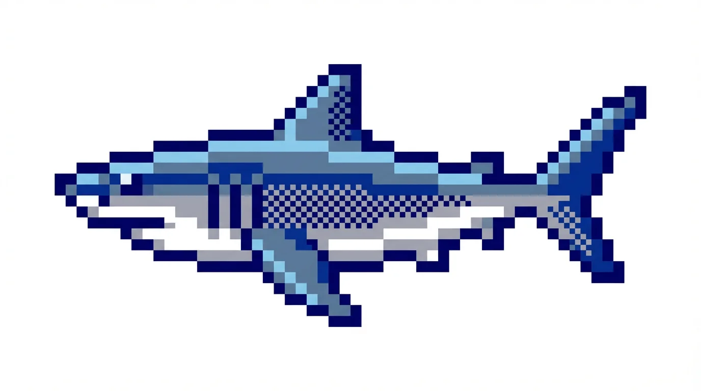 A pixel art illustration of a great white shark swimming, created in a 16-bit video game style, set against a white background.