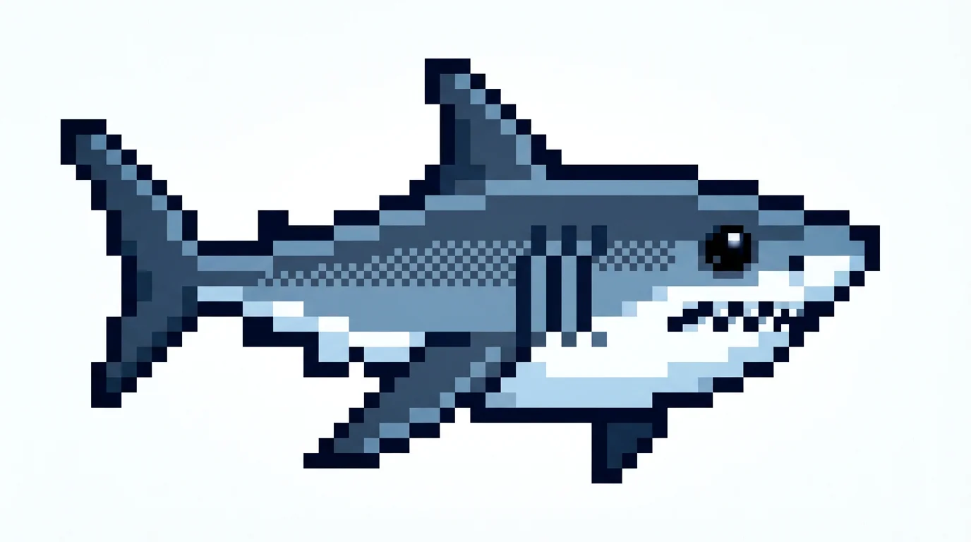 A detailed pixel art illustration of a great white shark with a blue-gray back and white belly, isolated on a plain white background.