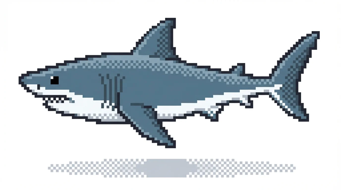 A pixel art illustration of a great white shark shown from the side, with a gray top and white underbelly, set against a plain white background.
