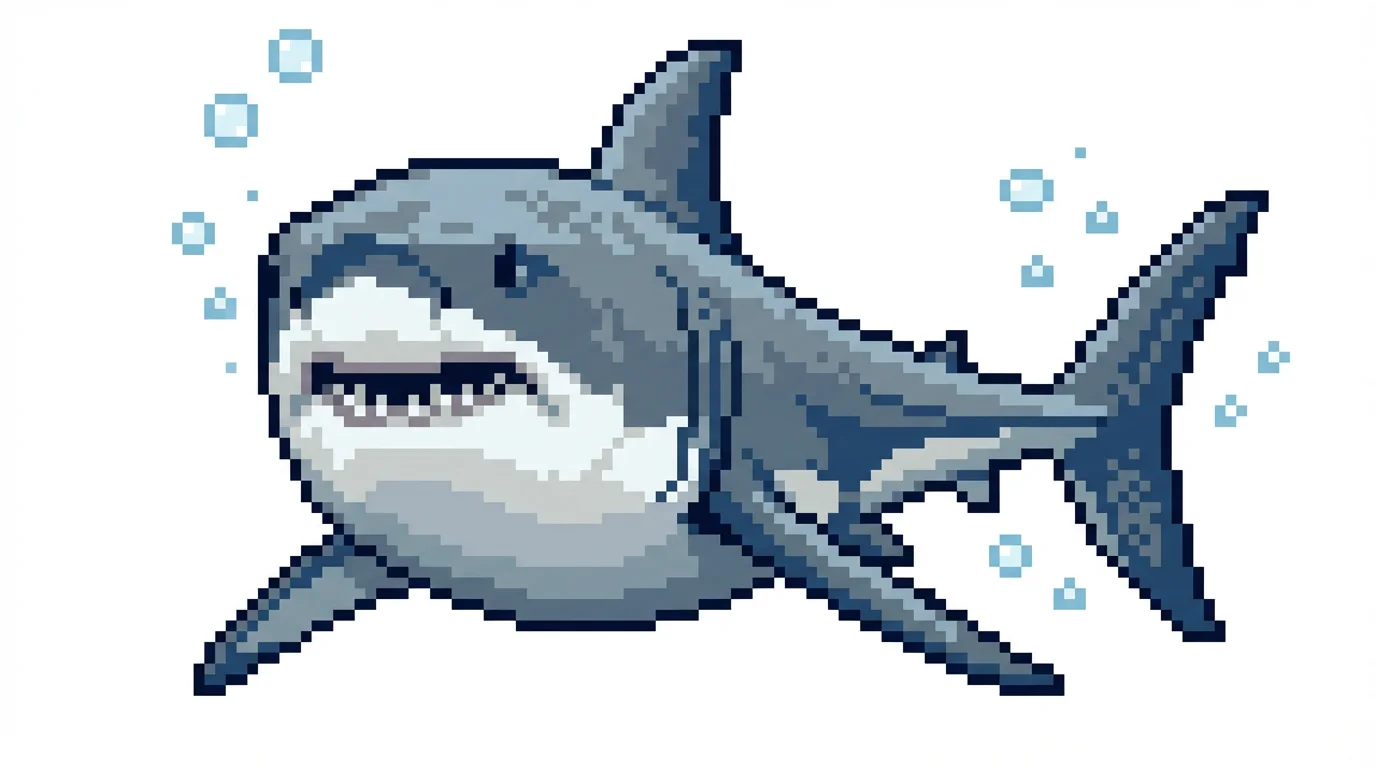 A detailed 16-bit pixel art illustration of a great white shark swimming forward, set against a plain white background.