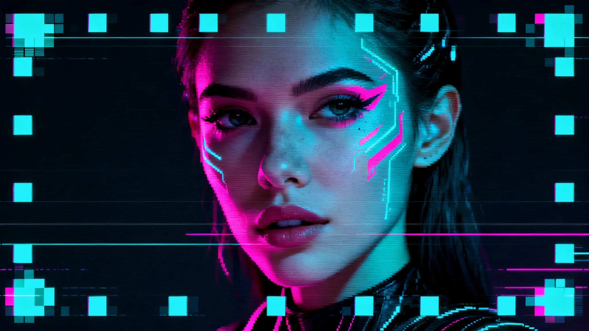 A close-up portrait of a woman with neon makeup, shown with a heavy pixel screen overlay effect that creates a grid of visible squares across the image.