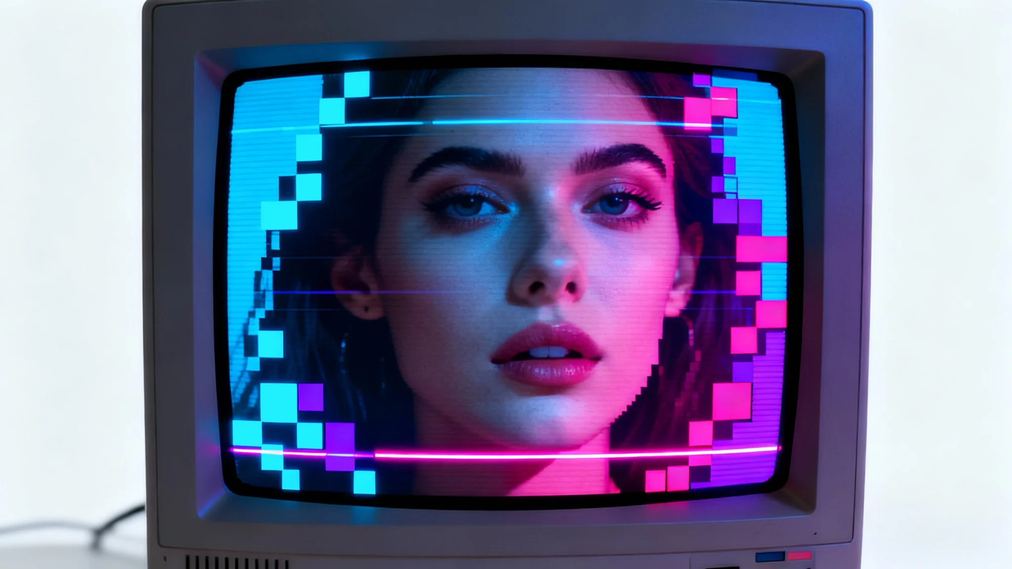 A close-up portrait of a woman's face stylized with a heavy pixel screen overlay, featuring vibrant neon colors and scan lines for a retro 8-bit video game effect, all set against a clean white background.