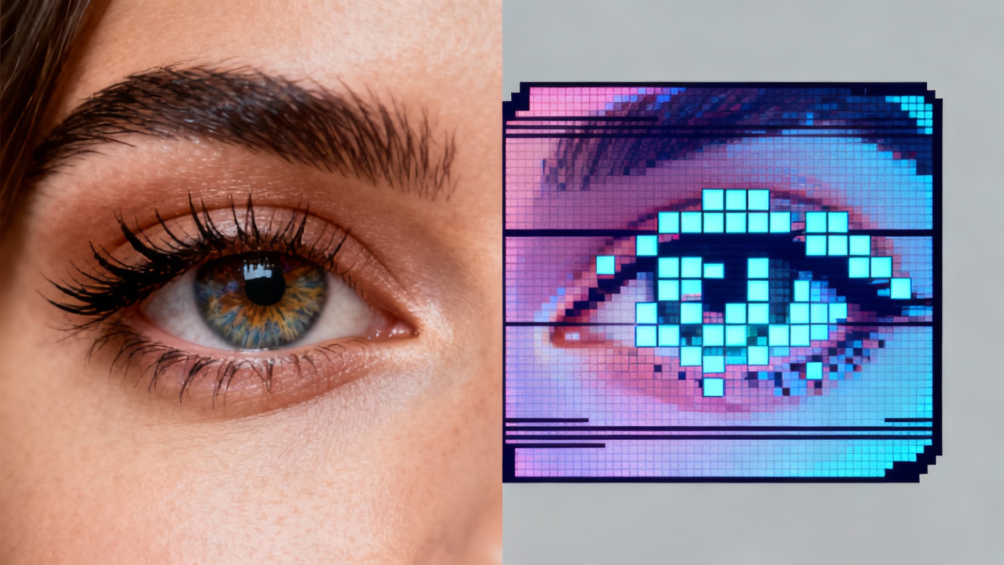 A close-up image of a woman's eye, split in two: the left side is high-resolution and realistic, while the right side has a pixel screen overlay, showing visible pixels and scanlines like a retro video game.