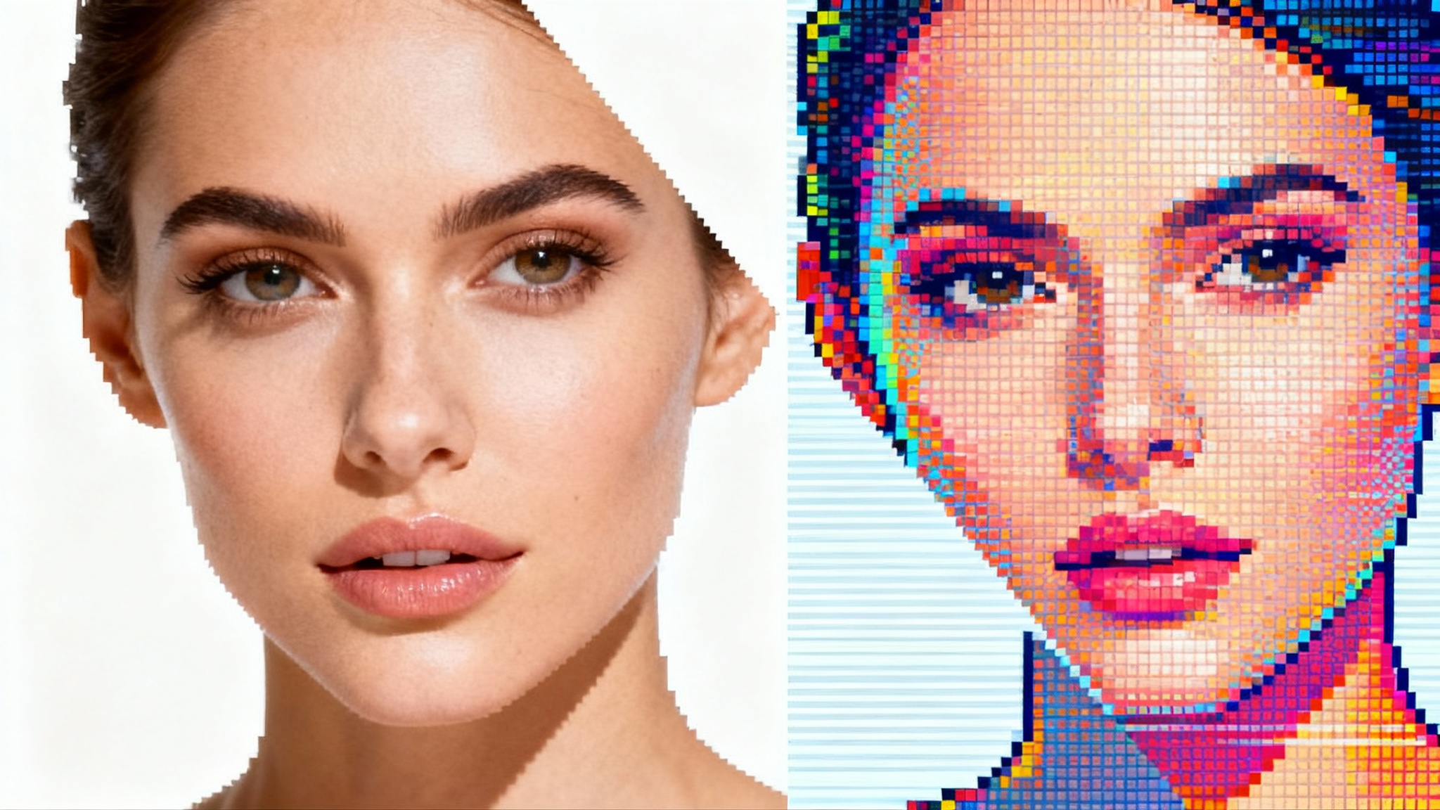 A split-screen image demonstrating a pixel screen overlay. One half is a photorealistic portrait of a woman, the other half is the same portrait rendered in a chunky, 8-bit pixelated style.