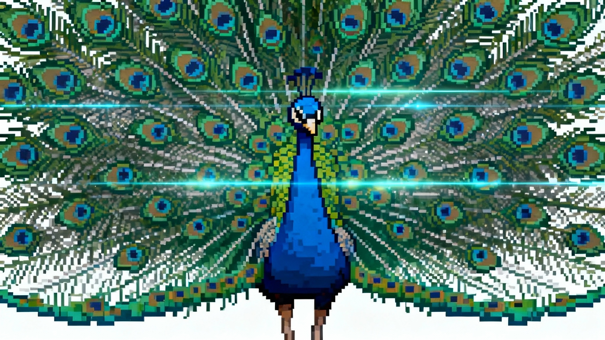 A majestic peacock with its feathers fanned out, rendered with a heavy pixel screen overlay that gives it a retro, 8-bit video game appearance, set against a solid white background.