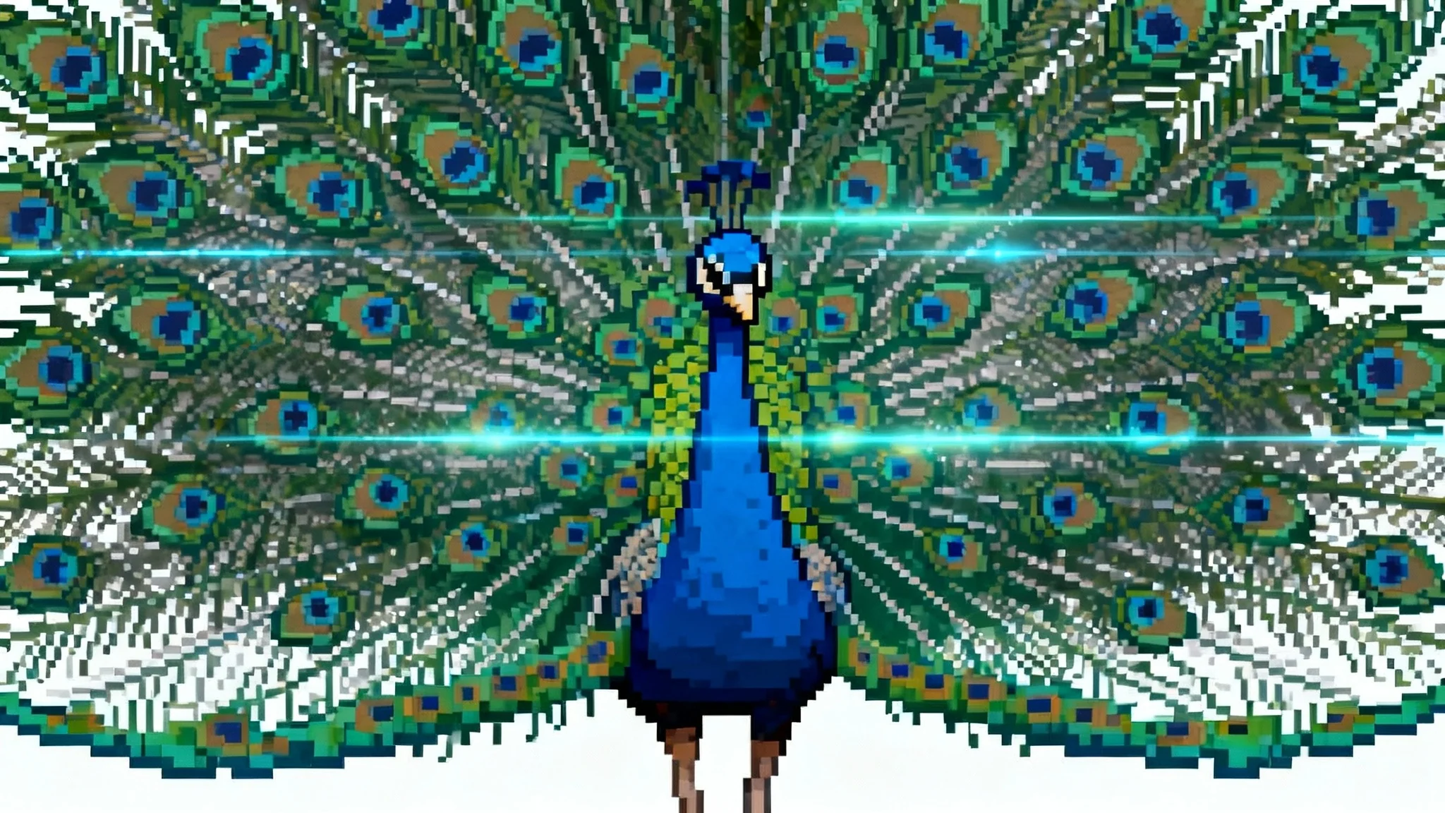 A majestic peacock with its feathers fanned out, rendered with a heavy pixel screen overlay that gives it a retro, 8-bit video game appearance, set against a solid white background.