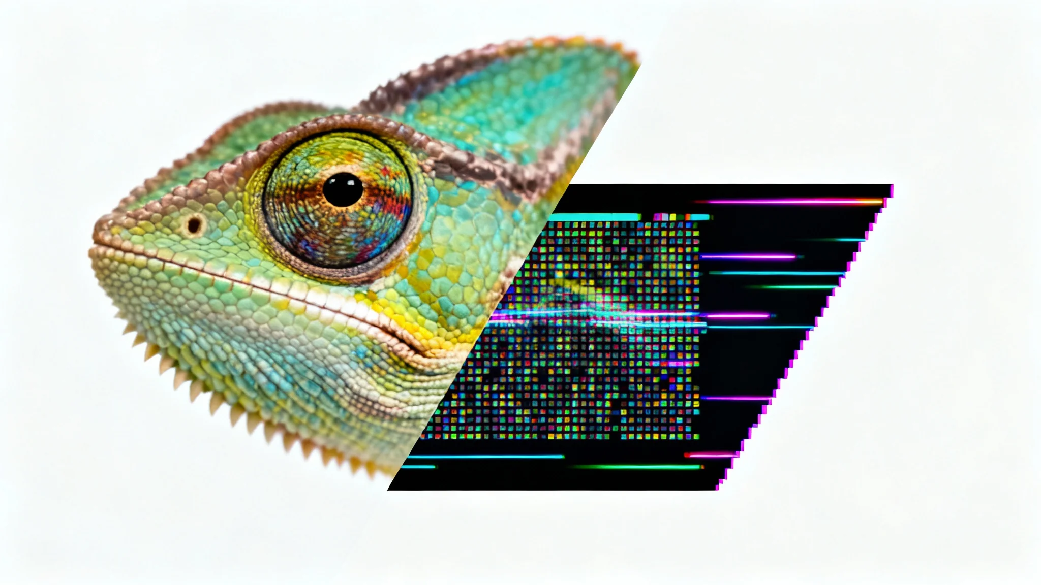 A mockup demonstrating a pixel screen overlay, with a diagonal split showing a high-resolution chameleon eye on one side and a pixelated, retro screen version on the other, all on a white background.