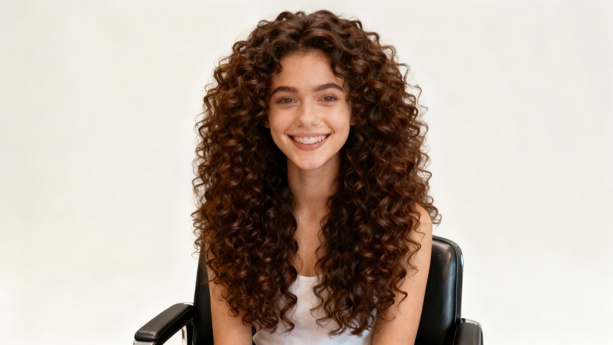 A stunning after shot of a woman with perfectly defined, glossy, and frizz-free brown curly hair, smiling confidently after a professional digital retouch.