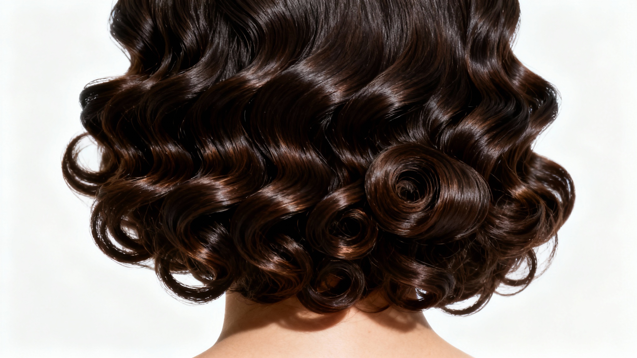 A detailed close-up of perfectly retouched, glossy, and voluminous dark curly hair against a solid white background, illustrating a flawless hair retouch.