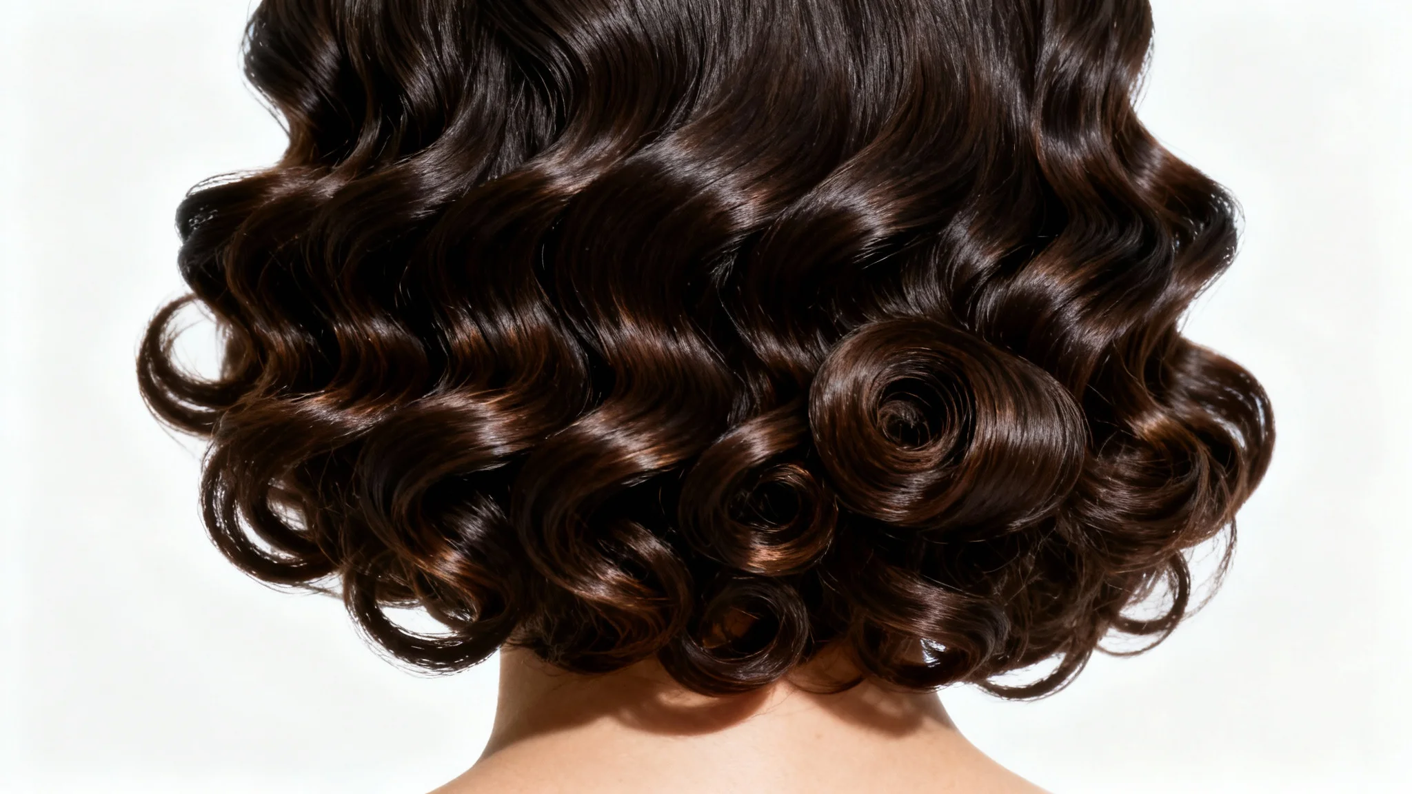 A detailed close-up of perfectly retouched, glossy, and voluminous dark curly hair against a solid white background, illustrating a flawless hair retouch.