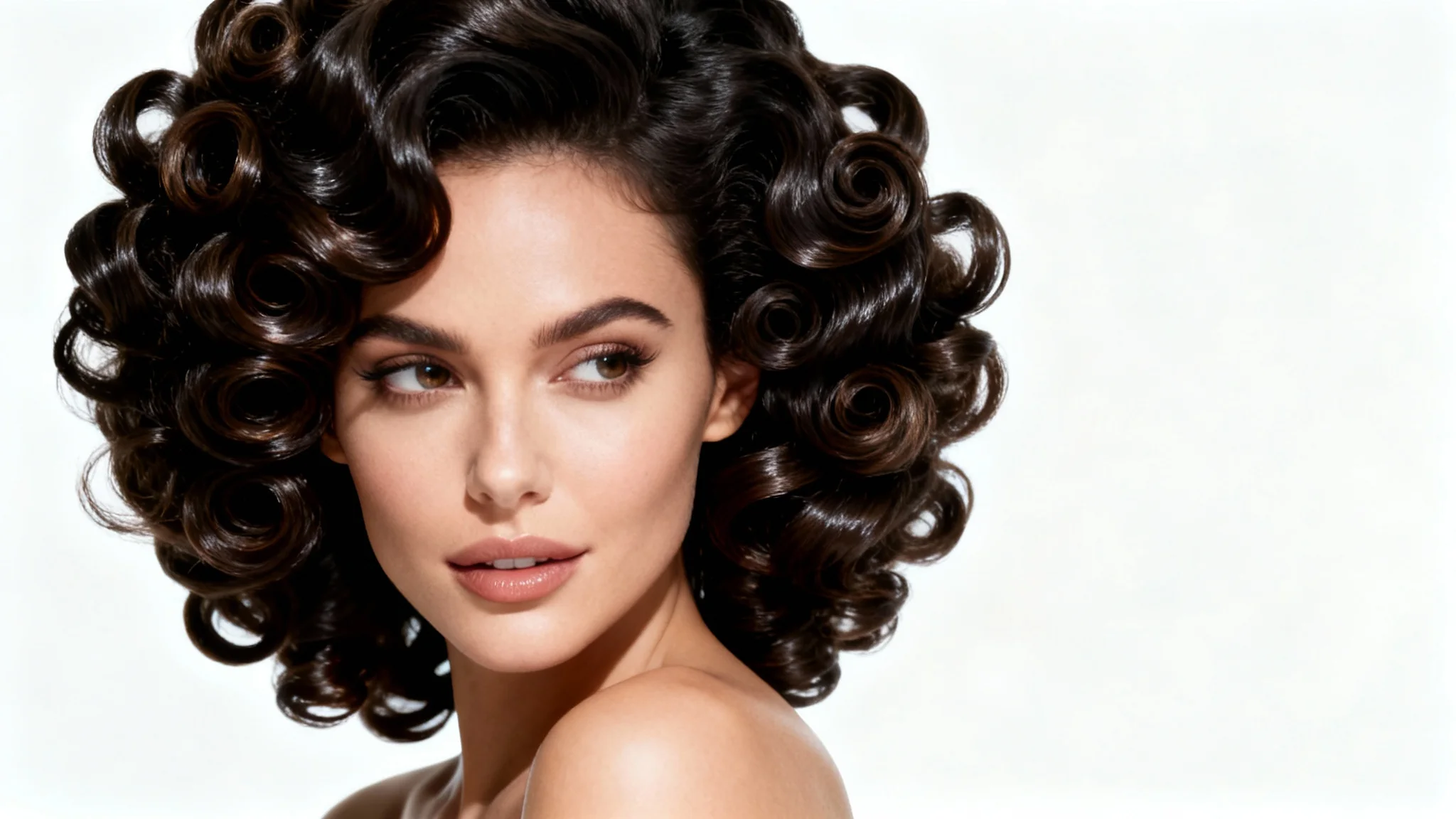 A professional studio photo of a woman with perfectly retouched, voluminous, and glossy curly hair, smiling serenely against a clean white background.