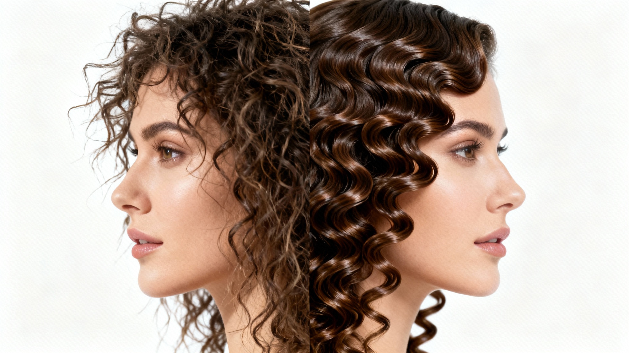 A split-screen comparison image showing curly hair before and after being retouched. The left side displays frizzy, undefined curls, while the right side displays the same hair looking smooth, shiny, and perfectly defined.