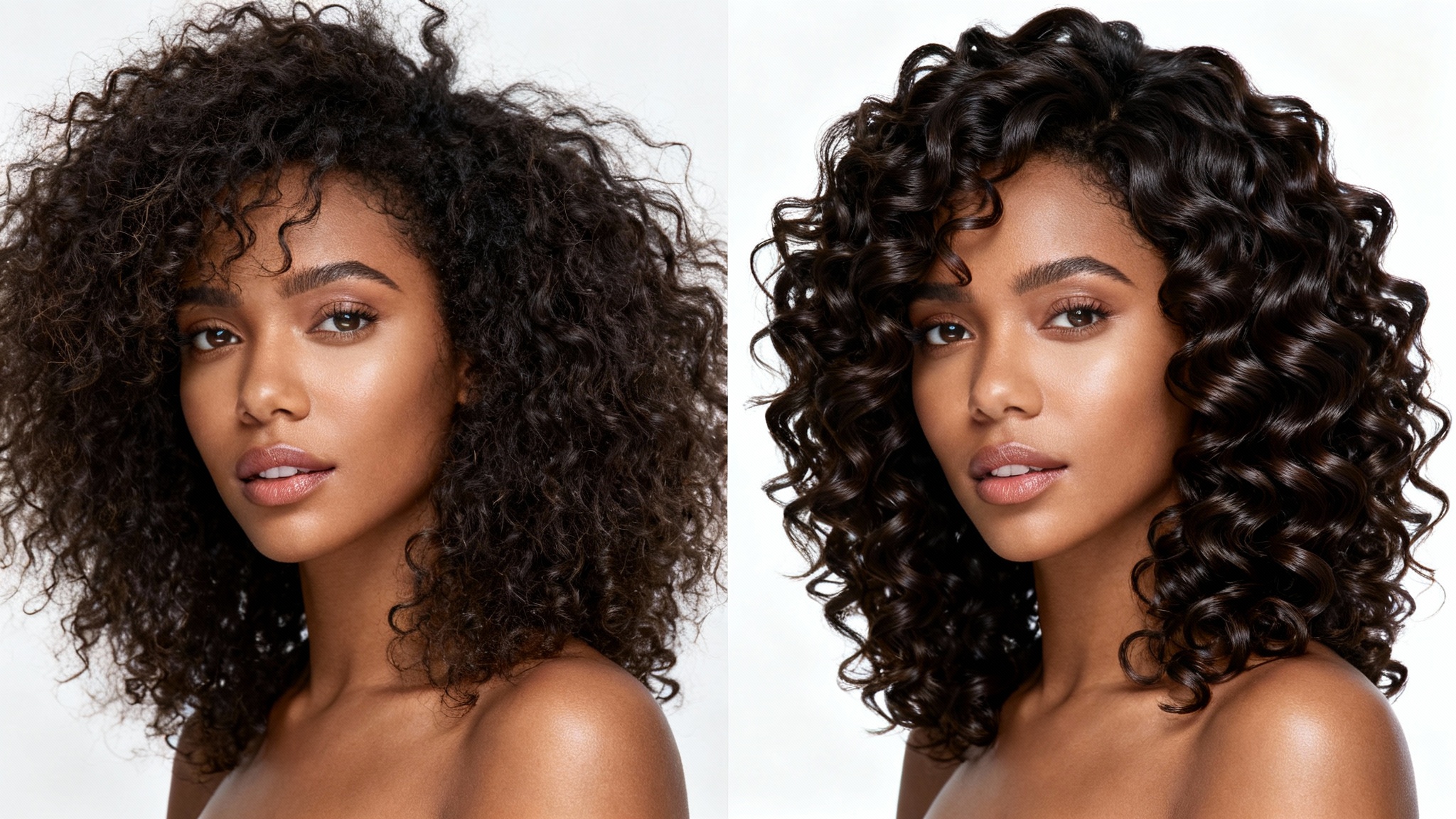 A split-screen comparison image demonstrating a curly hair retouch. The 'before' side shows frizzy, undefined curls, while the 'after' side shows the same hair transformed to be smooth, glossy, and perfectly defined.
