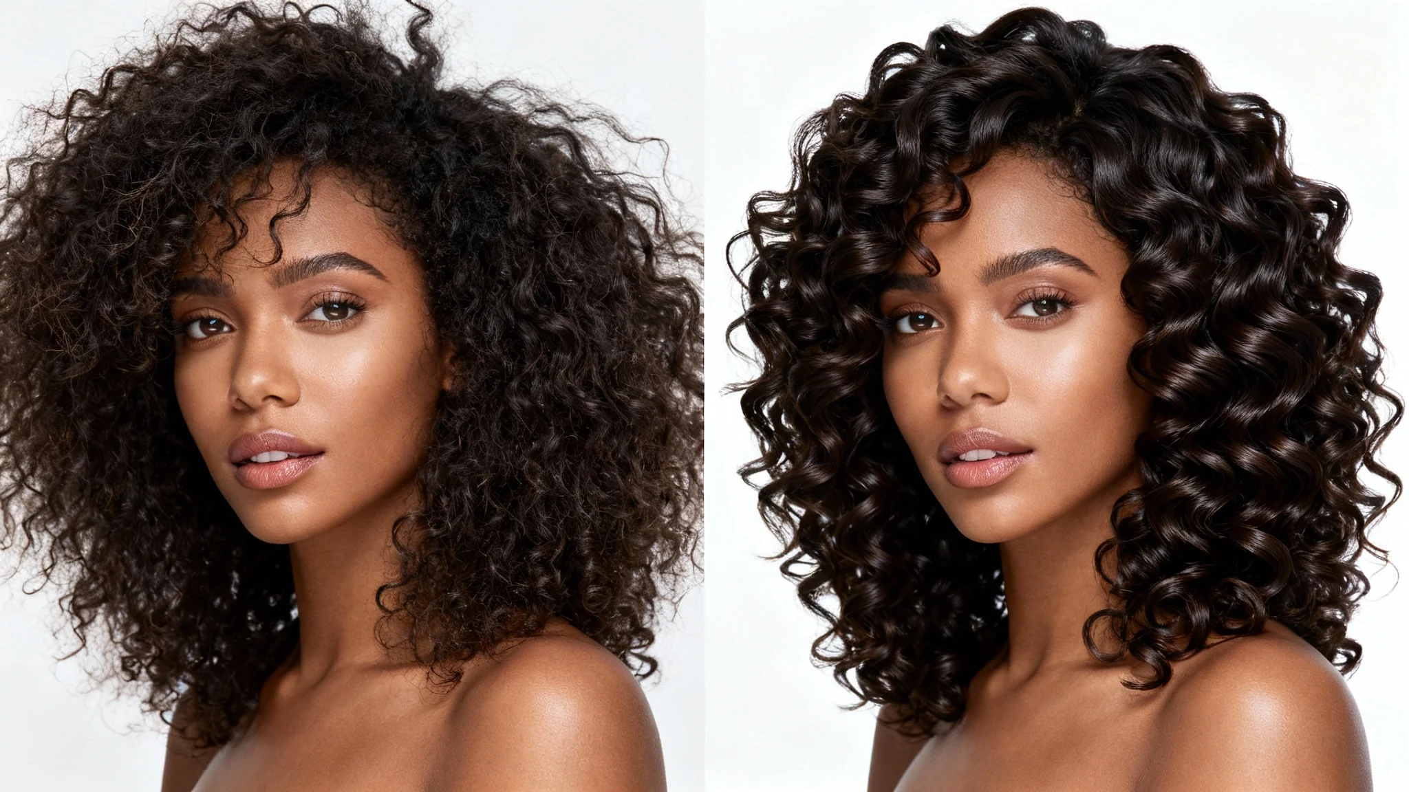A split-screen comparison image demonstrating a curly hair retouch. The 'before' side shows frizzy, undefined curls, while the 'after' side shows the same hair transformed to be smooth, glossy, and perfectly defined.