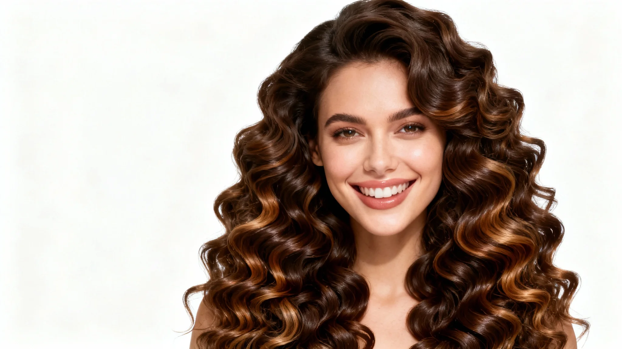 A close-up beauty shot of a woman with perfectly defined, glossy, and voluminous curly brown hair, smiling confidently against a plain white background, showcasing a flawless hair retouch.