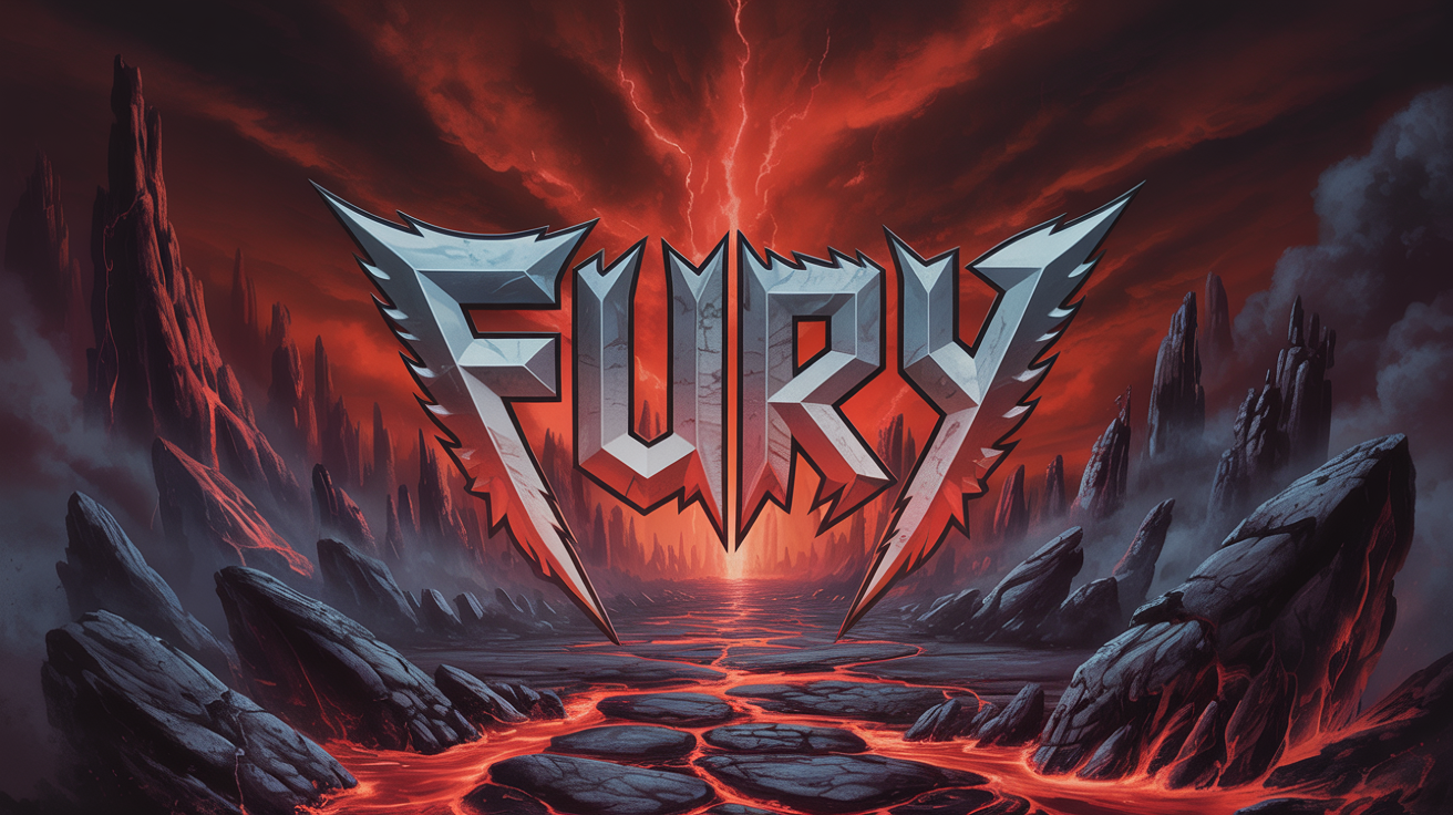 A finished album cover for a metal band named 'FURY', showing their jagged, metallic logo with red glowing edges placed over a dark, epic fantasy scene of a volcanic landscape.