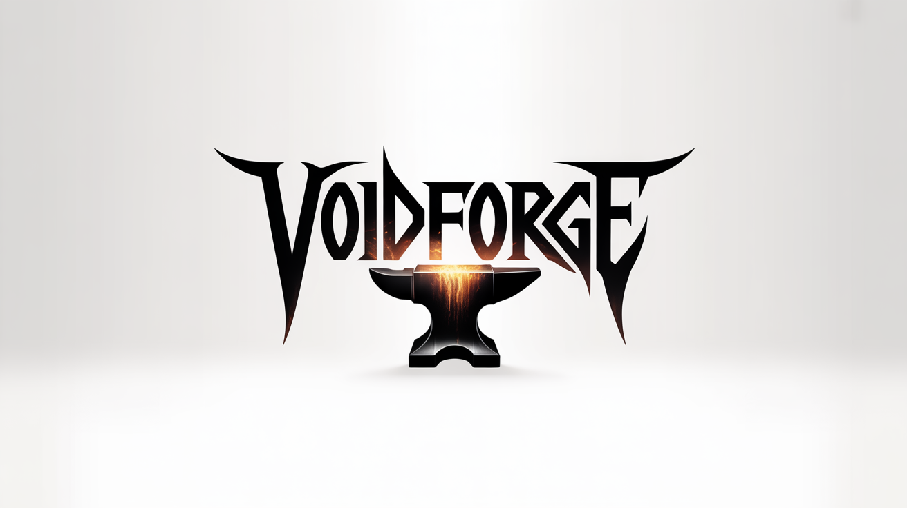 A mockup of a heavy metal band logo for the fictional band 'VOIDFORGE' on a white background. The logo is in a spiky, aggressive black metal font.